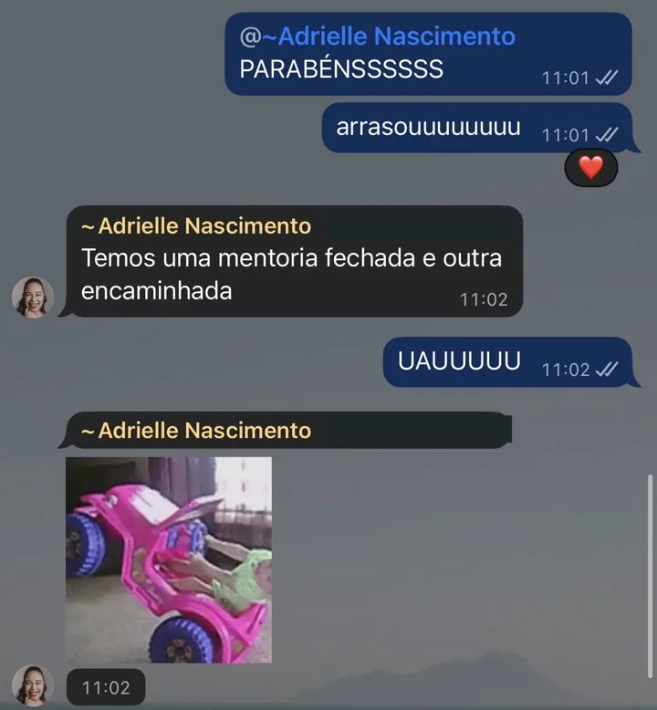 Adrielle Nascimento — mentoria fechada e outra encaminhada